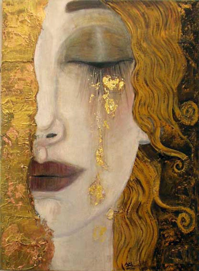 Textura de decoración de pared dorada de cara de niña de té Pintura al óleo